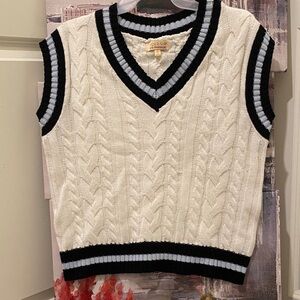 White Cable Knit Vest with Black and baby blue Trim